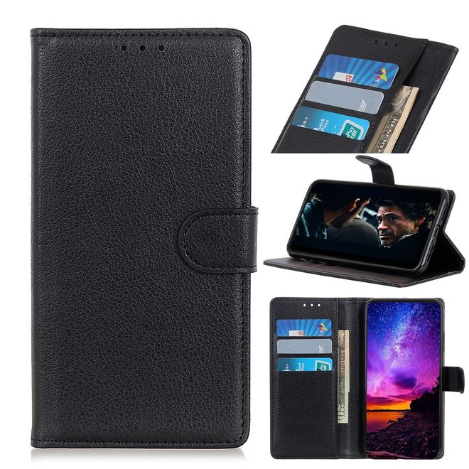 LG K42 Phone Case - Litchi Leather Bookcover Series - Black