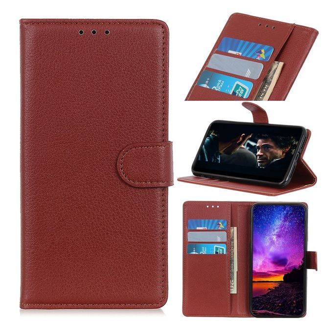 LG K42 Phone Case - Litchi Leather Bookcover Series - Brown