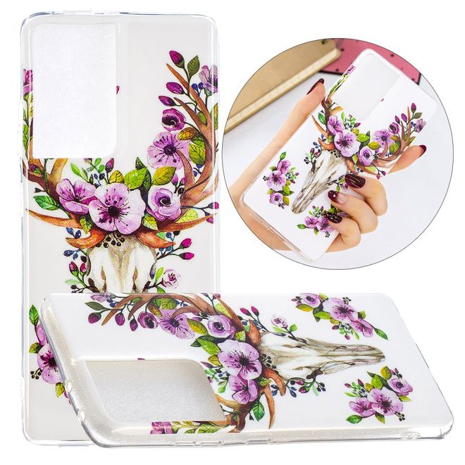 Samsung Galaxy S21 Ultra Handyhülle - fluoreszierendes Softcase - Blumen Elch