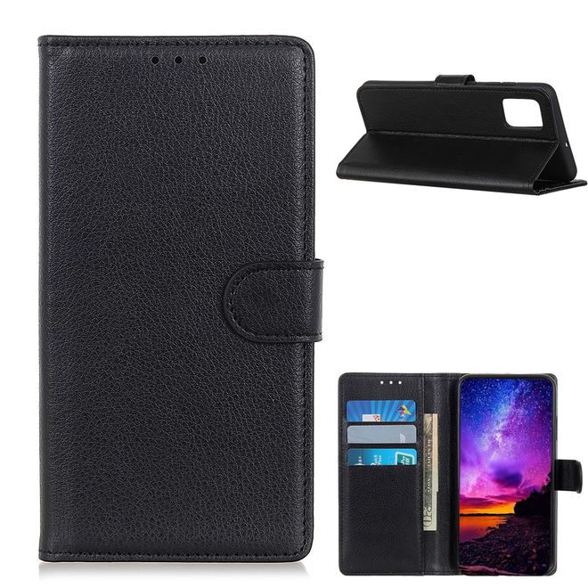LG K52 / K62 Phone Case - Litchi Leather Bookcover Series - Black