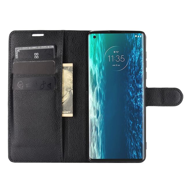 Motorola Edge Handy Hülle - Litchi Leder Bookcover Series - schwarz