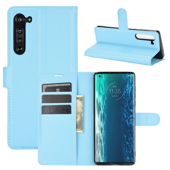 Motorola Edge Handy Hülle - Litchi Leder Bookcover Series - blau