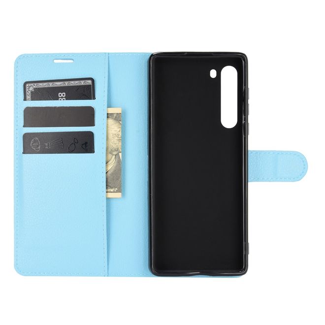 Motorola Edge Handy Hülle - Litchi Leder Bookcover Series - blau