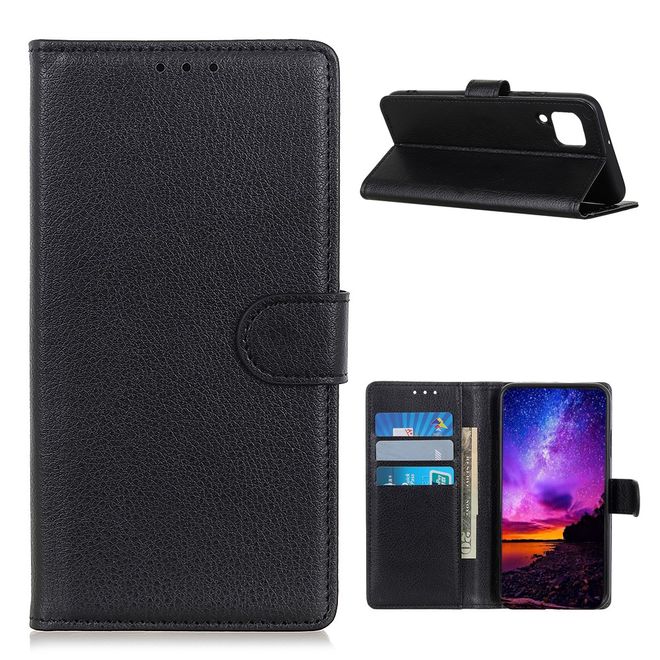 Samsung Galaxy A12 Handy Hülle - Litchi Leder Bookcover Series - schwarz