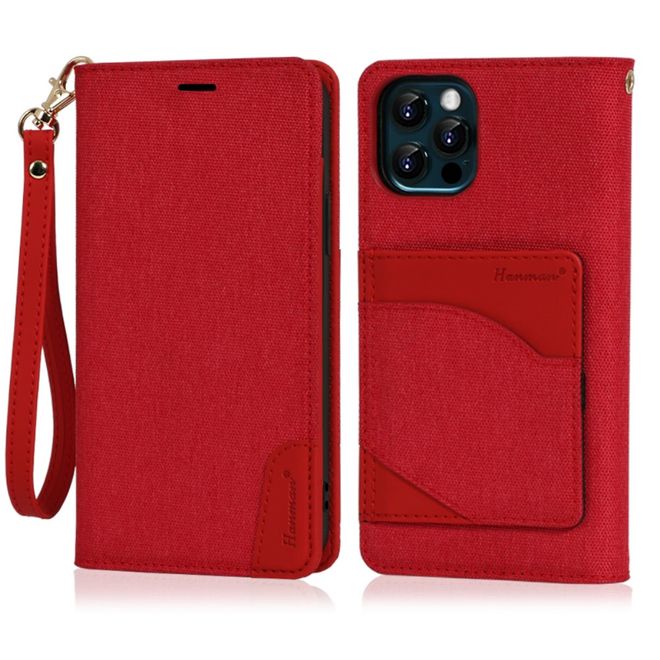 iPhone 12 / iPhone 12 Pro Hülle - luxuriöses Stoff Bookcover - Denim Series Bookcover - rot