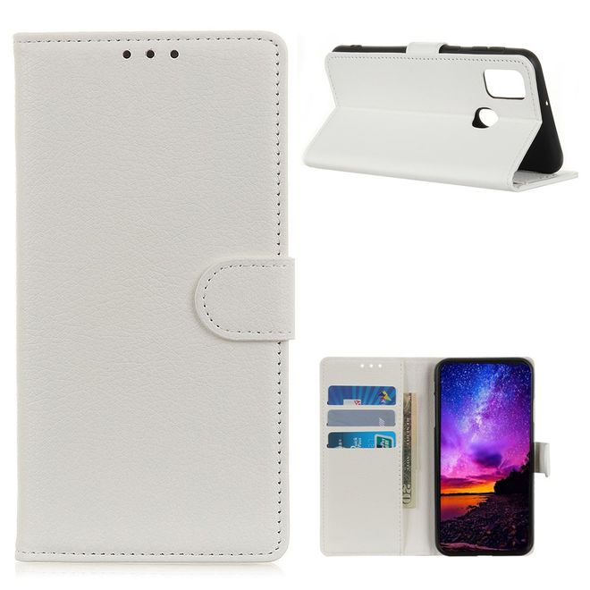 Oppo A53 (2020) Handy Hülle - Litchi Leder Bookcover Series - weiss