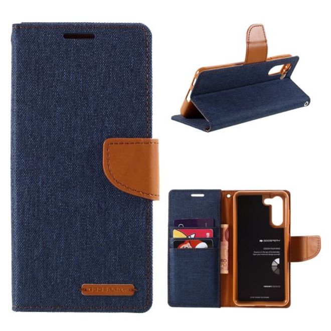 Goospery - Samsung Galaxy S21+ Hülle - Leder/Stoff Case - Canvas Diary Series - navy/camel
