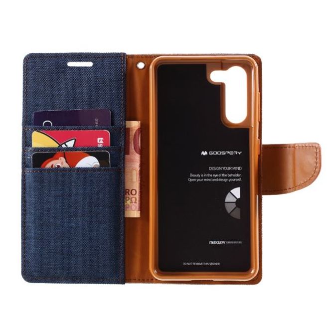 Goospery - Samsung Galaxy S21+ Hülle - Leder/Stoff Case - Canvas Diary Series - navy/camel