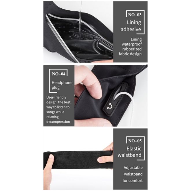 Laufgürtel für Handys bis 6.5“ - Running Belt mit 3 Reissverschlussfächern - Universalgrösse - schwarz