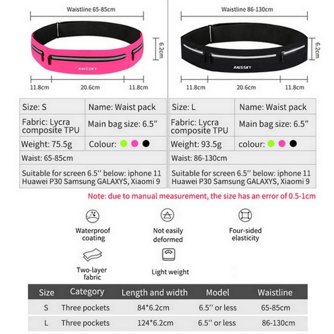 Laufgürtel für Handys bis 6.5“ - Running Belt mit 3 Reissverschlussfächern - Universalgrösse - schwarz