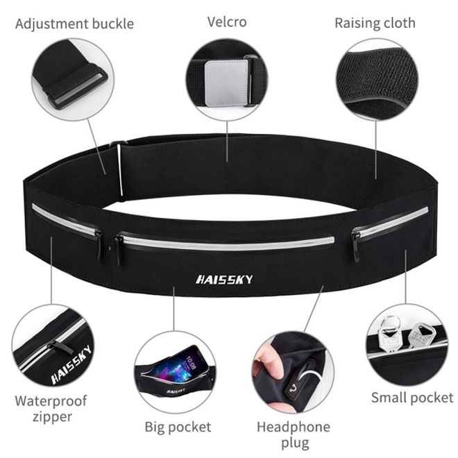 Laufgürtel für Handys bis 6.5“ - Running Belt mit 3 Reissverschlussfächern - Universalgrösse - schwarz