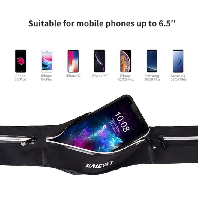 Laufgürtel für Handys bis 6.5“ - Running Belt mit 3 Reissverschlussfächern - Universalgrösse - schwarz