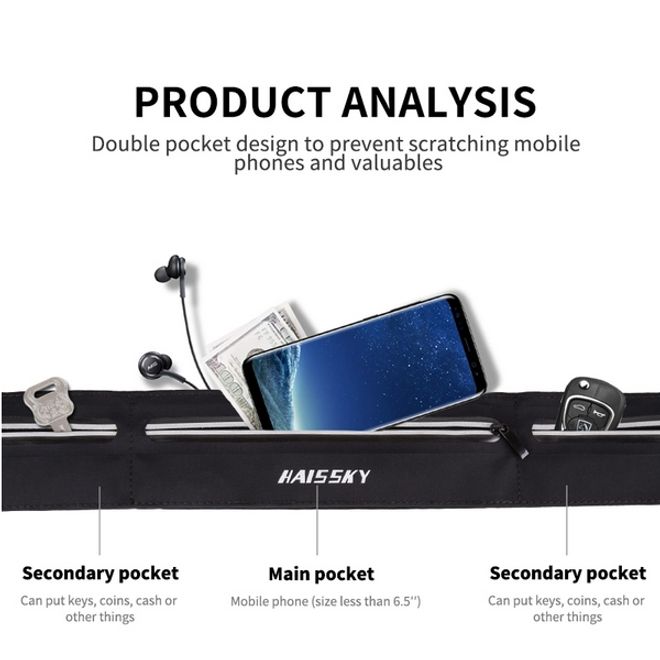 Laufgürtel für Handys bis 6.5“ - Running Belt mit 3 Reissverschlussfächern - Universalgrösse - schwarz