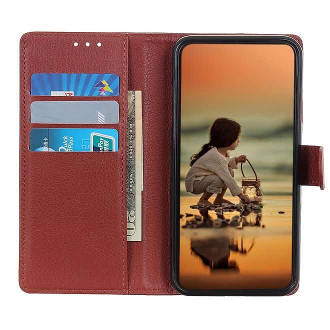 Xiaomi Redmi Note 9 5G / Note 9T 5G Handy Hülle - Litchi Leder Bookcover Series - braun