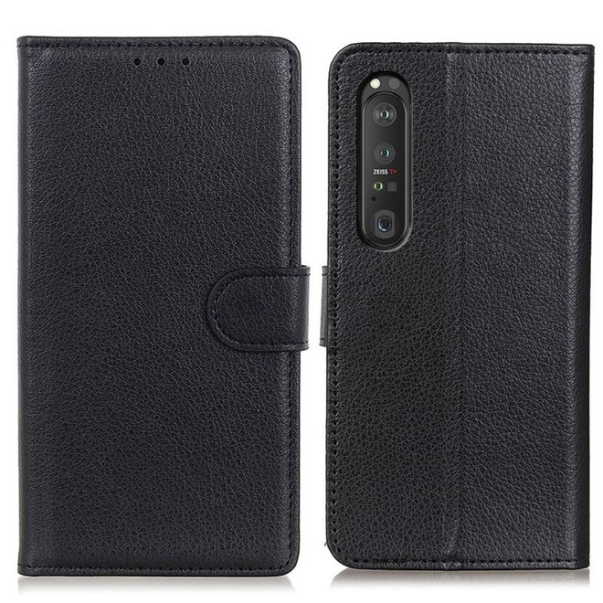 Sony Xperia 1 III Handy Hülle - Litchi Leder Bookcover Series - schwarz