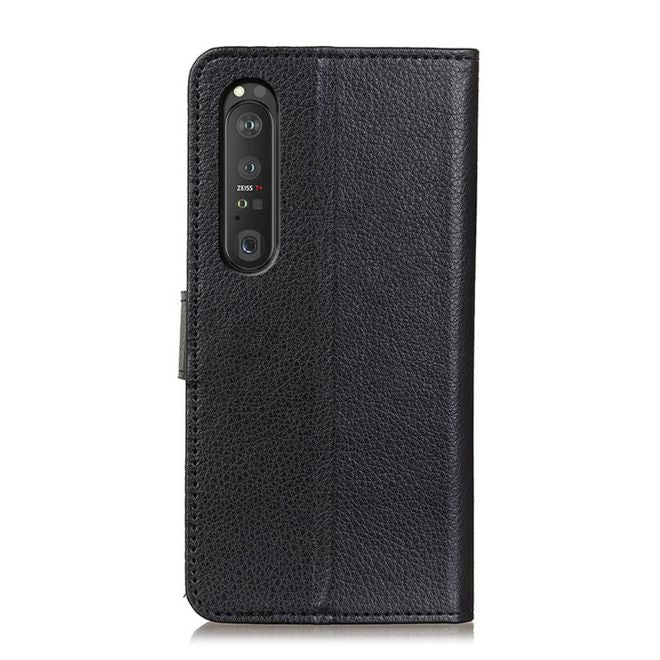 Sony Xperia 1 III Handy Hülle - Litchi Leder Bookcover Series - schwarz