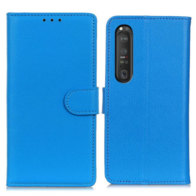 Sony Xperia 1 III Handy Hülle - Litchi Leder Bookcover Series - blau