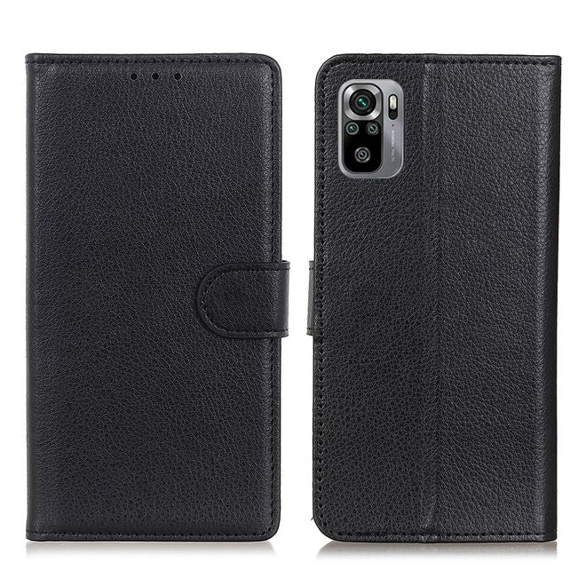 Xiaomi Redmi Note 10S / Redmi Note 10 4G Handy Hülle - Litchi Leder Bookcover Series - schwarz