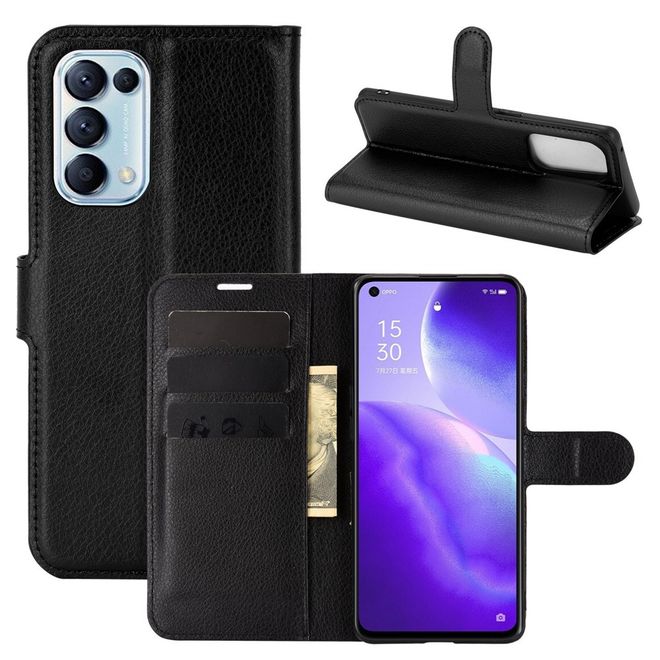 Oppo Find X3 Lite Handy Hülle - Litchi Leder Bookcover Series - schwarz