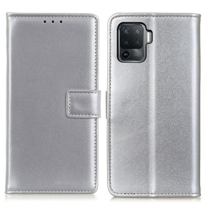 Oppo A94 Handy Hülle - Classic II Leder Bookcover Series - silber