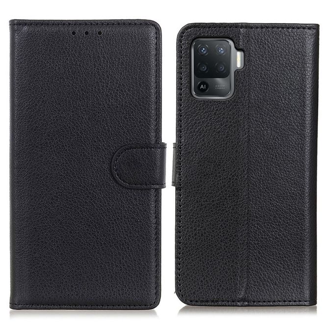 Oppo A94 Handy Hülle - Litchi Leder Bookcover Series - schwarz