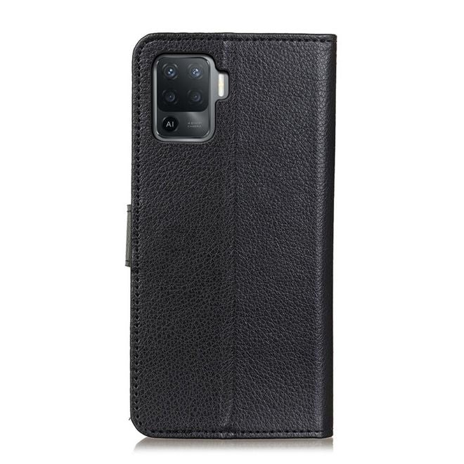 Oppo A94 Handy Hülle - Litchi Leder Bookcover Series - schwarz