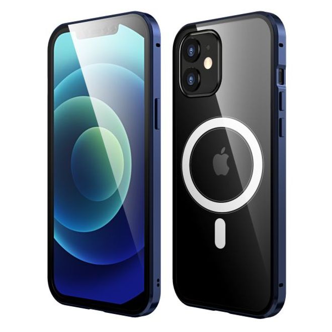 iPhone 12 mini - Coque en aluminium et verre trempé à 360° avec technologie magnétique - Série MagSafe - Bleu marine