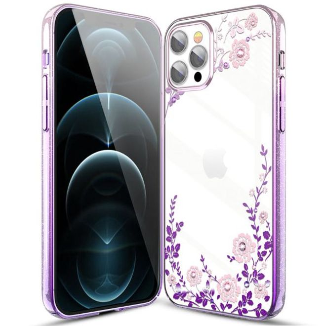 Kingxbar - iPhone 12 Pro Max Schutzhülle - Case mit Swarovski Kristallen - Flora Series - lila