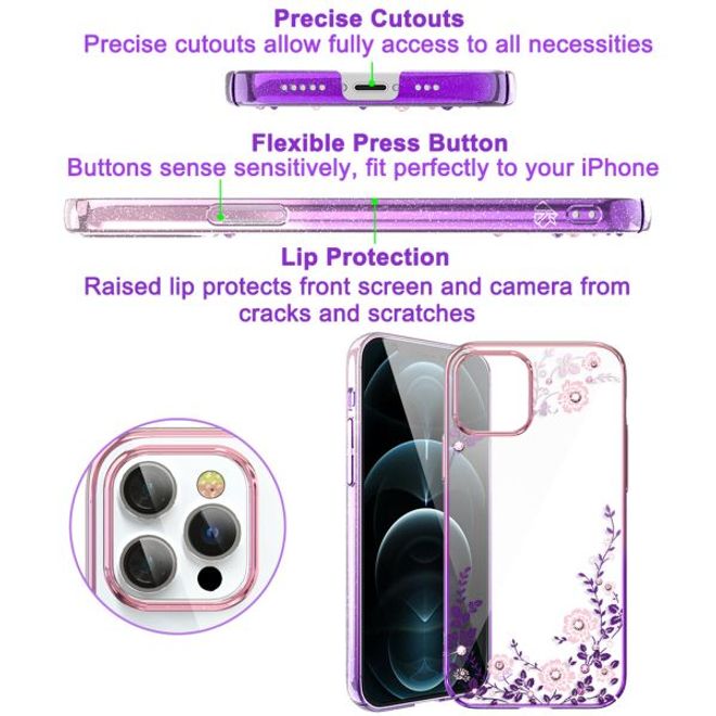 Kingxbar - iPhone 12 Pro Max Schutzhülle - Case mit Swarovski Kristallen - Flora Series - lila
