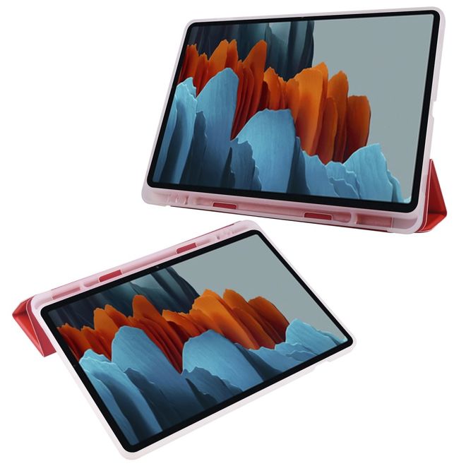 Samsung Galaxy Tab S7 Hülle - Dreifach faltbares Leder Case mit Stylus Halterung - rot