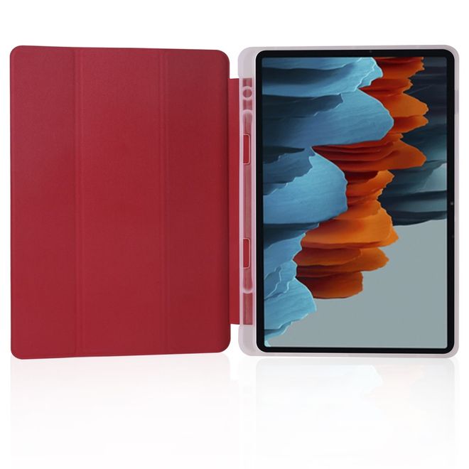 Samsung Galaxy Tab S7 Hülle - Dreifach faltbares Leder Case mit Stylus Halterung - rot