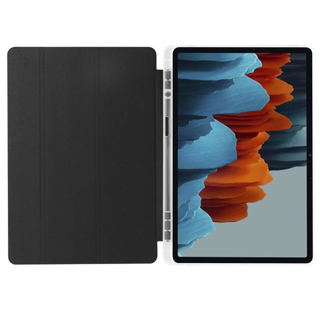 Samsung Galaxy Tab S7+ Hülle - Dreifach faltbares Leder Case mit Stylus Halterung - schwarz