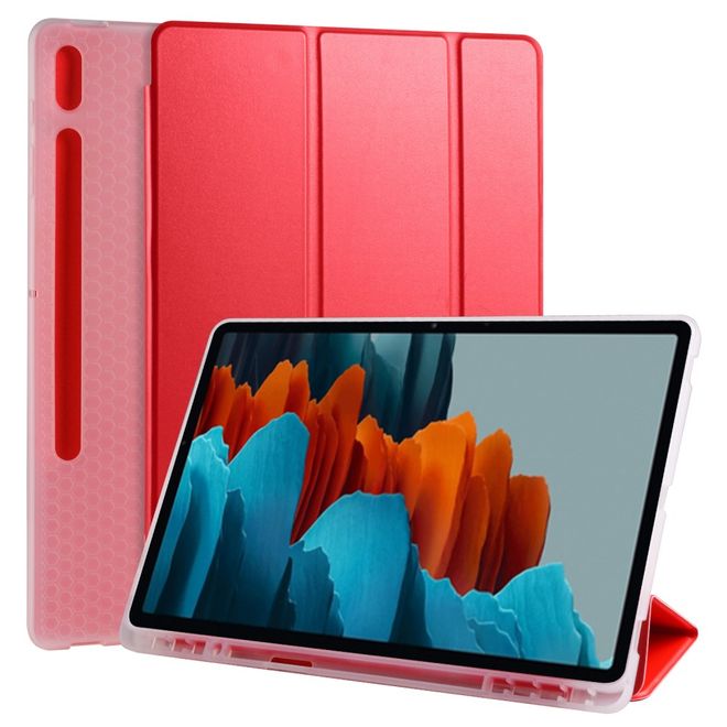 Samsung Galaxy Tab S7+ Hülle - Dreifach faltbares Leder Case mit Stylus Halterung - rot
