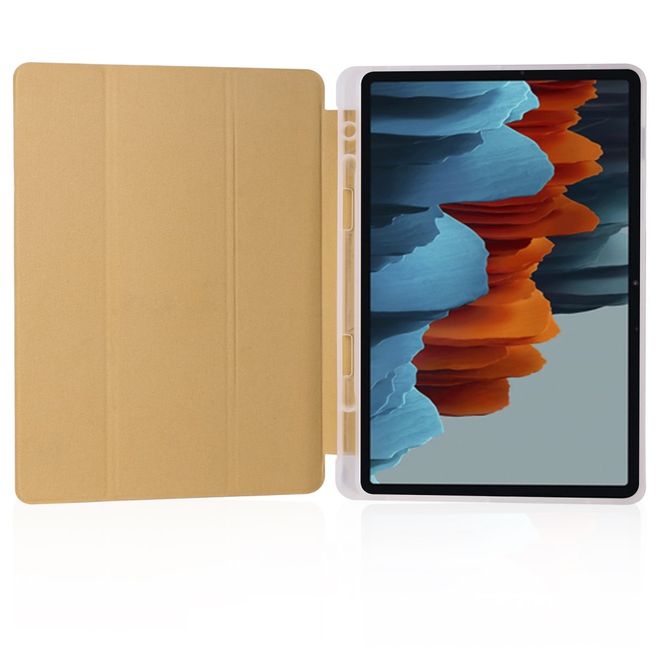 Samsung Galaxy Tab S7+ Hülle - Dreifach faltbares Leder Case mit Stylus Halterung - gold