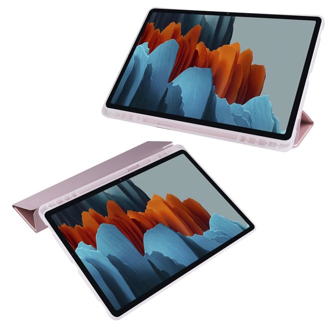 Samsung Galaxy Tab S7+ Hülle - Dreifach faltbares Leder Case mit Stylus Halterung - rosegold