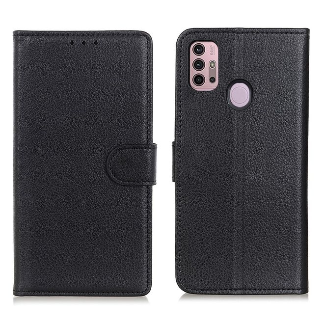 Motorola Moto G30 / G10 Handy Hülle - Litchi Leder Bookcover Series - schwarz