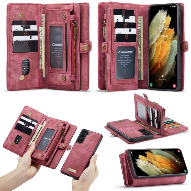 Caseme - Samsung Galaxy S21+ Handyhülle - Leder Portemonnaie mit abnehmbarer Plastik Hülle - rot