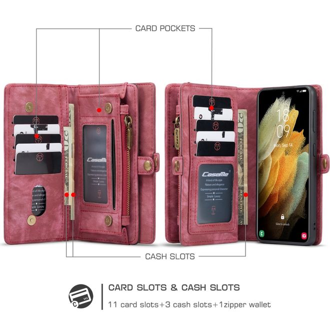 Caseme - Samsung Galaxy S21+ Handyhülle - Leder Portemonnaie mit abnehmbarer Plastik Hülle - rot