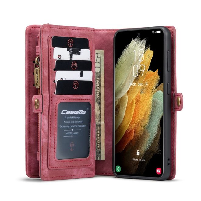 Caseme - Samsung Galaxy S21+ Handyhülle - Leder Portemonnaie mit abnehmbarer Plastik Hülle - rot