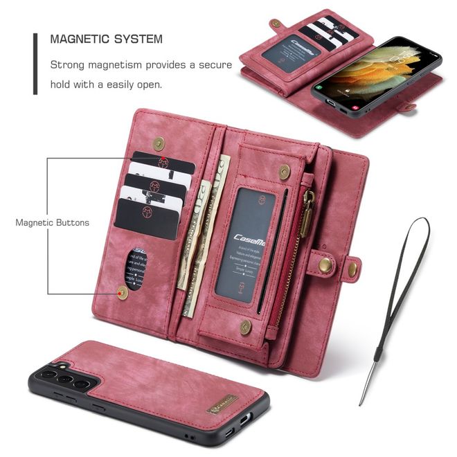 Caseme - Samsung Galaxy S21+ Handyhülle - Leder Portemonnaie mit abnehmbarer Plastik Hülle - rot
