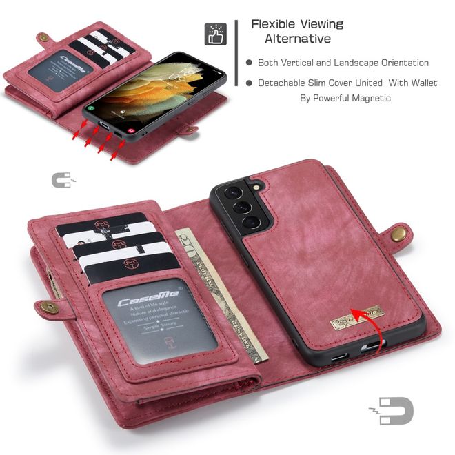 Caseme - Samsung Galaxy S21+ Handyhülle - Leder Portemonnaie mit abnehmbarer Plastik Hülle - rot