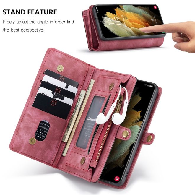 Caseme - Samsung Galaxy S21+ Handyhülle - Leder Portemonnaie mit abnehmbarer Plastik Hülle - rot