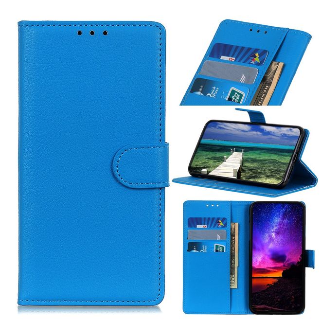 Motorola Moto E7 Power Handy Hülle - Litchi Leder Bookcover Series - blau