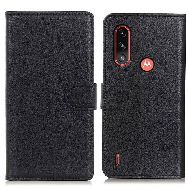 Motorola Moto E7 Power Handy Hülle - Litchi Leder Bookcover Series - schwarz