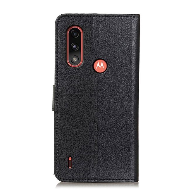 Motorola Moto E7 Power Handy Hülle - Litchi Leder Bookcover Series - schwarz