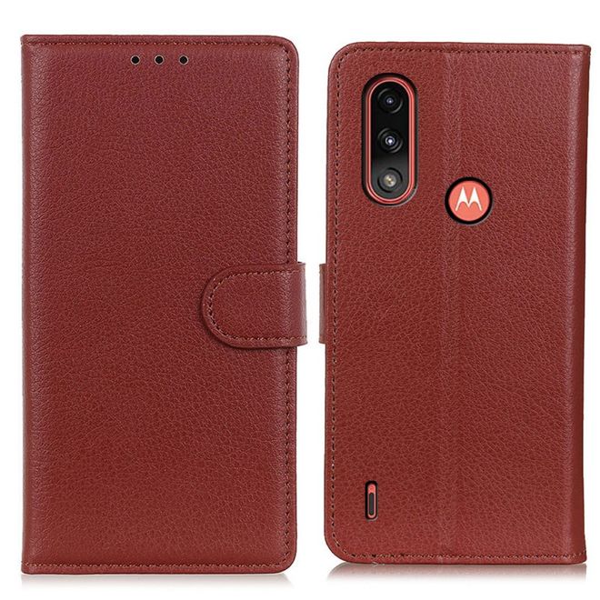 Motorola Moto E7 Power Handy Hülle - Litchi Leder Bookcover Series - braun