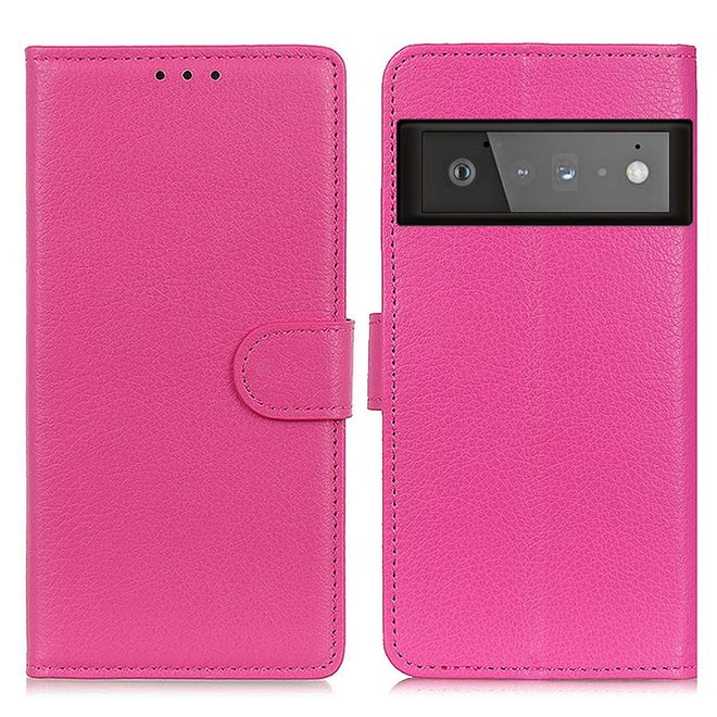 Google Pixel 6 Pro Handy Hülle - Litchi Leder Bookcover Series - rosa