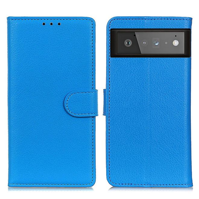 Google Pixel 6 Handy Hülle - Litchi Leder Bookcover Series - blau