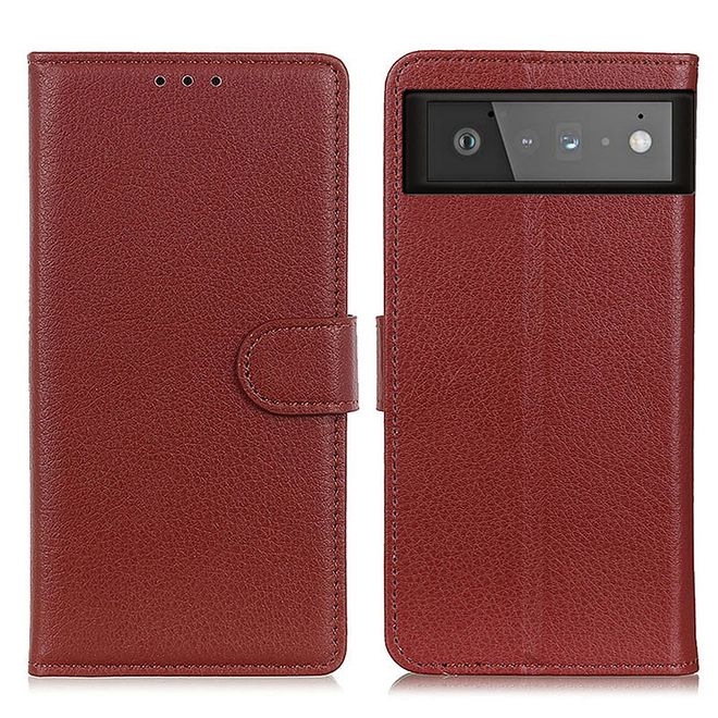 Google Pixel 6 Handy Hülle - Litchi Leder Bookcover Series - braun