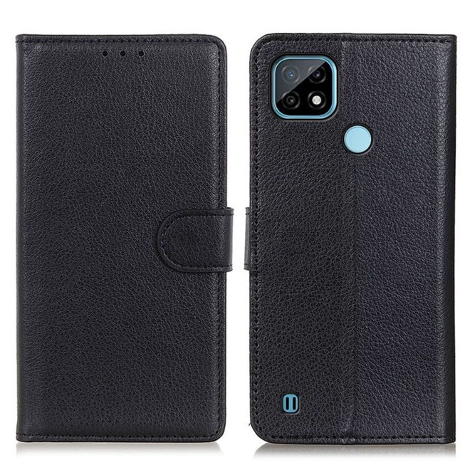 Realme C21 Handy Hülle - Litchi Leder Bookcover Series - schwarz